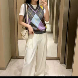 Mu秋冬新款菱格v领针织马甲女宽松简约百搭坎肩无袖毛衣背心上衣