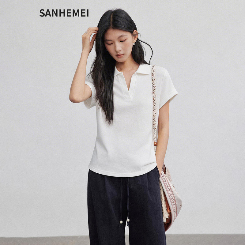V-Neck Polo Shirt New Style Elegant Design Slimming Solid Color Women's T-Shirt Casual Fashion Sense All-match Simple Base Top V-Neck Polo Shirt New Style Elegant Design Slimming Solid Color Women's T-Shirt Casual Fashion Sense All-match Simple Base Top
