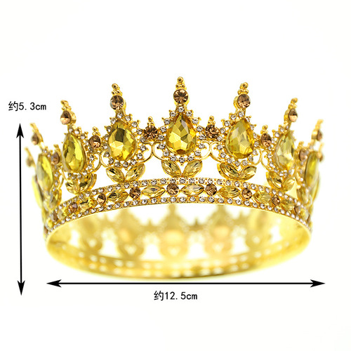 Cross-border European and American bridal jewelry large round crown headdress colorful baroque retro hair accessories crown full of diamonds