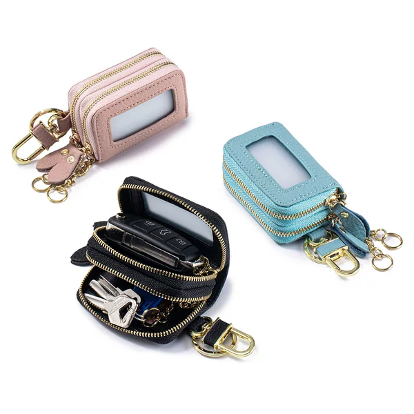New Genuine Leather Double Zipper Key Pouch, Cross-Border First-Layer Cowhide Waist-Hanging Storage Bag, Unisex Key Holder, Portable