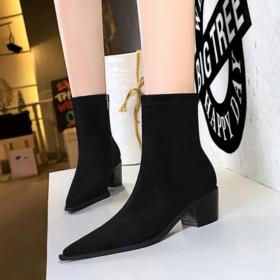 009-11 European and American fashion simple knight boots boots sexy nightclub show thin thick with high with pointed suede short boots