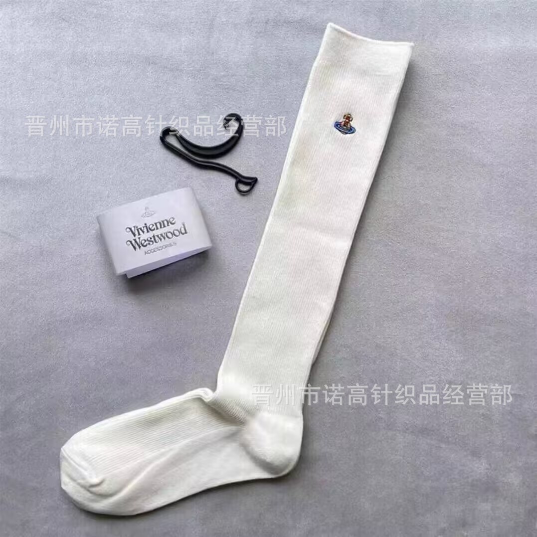 Calcetines japonesas bordadas Saturno rodilla sobre rodilla calcetines sólidas escolares de doble aguja peinadas calcetines de algodón