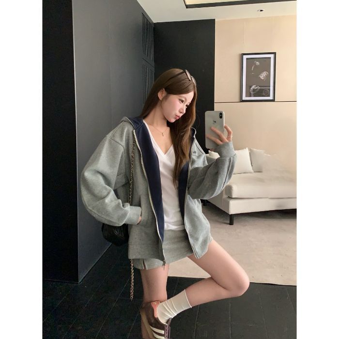 工厂自制 美式撞色连帽卫衣外套女2025新款早秋穿搭慵懒上衣开衫|undefined