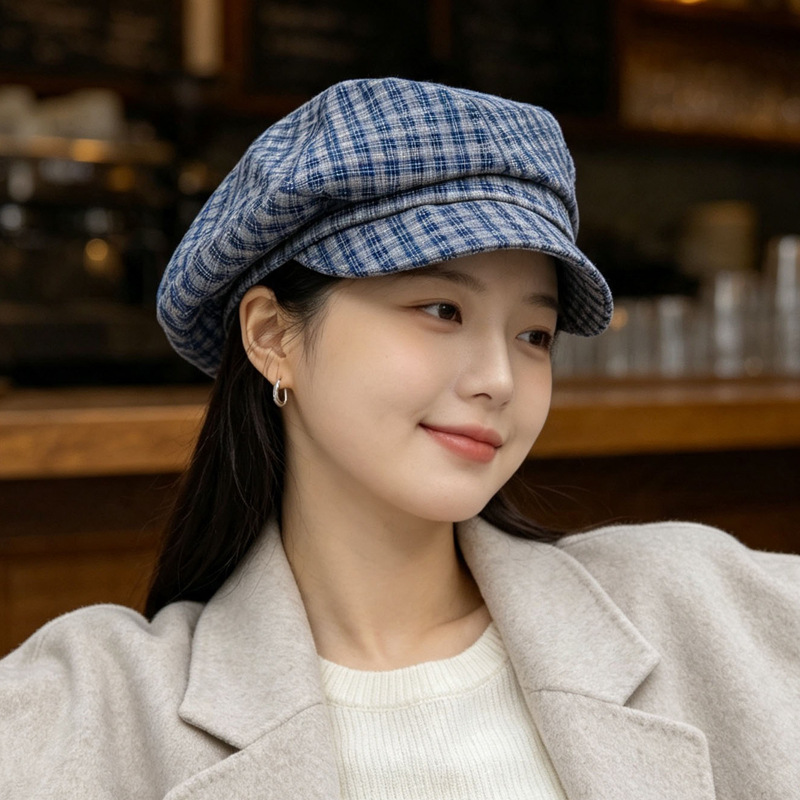 여성 체크 베레모 사계절 데일리 코디 조절 가능한 빈티지 화가 모자