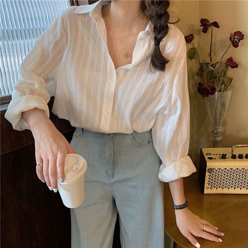 Chic Korean Style White Striped Women's Thin Shirt 2025 Spring Design Sensory Loose Long-Sleeve Blouse Summer