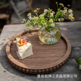 跨境木制珠子托盘氛围感香薰蜡烛盘可旋转木质简约化妆品收纳盘