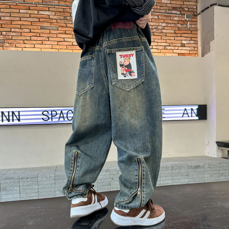 Children's denim jeans Spring and Autumn 2023 New Model Middle and Large Kids Retro Personality Pants Boys Loose Long Pants Autumn Trend