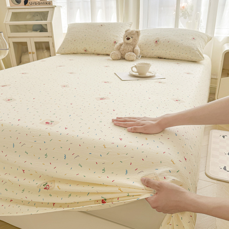 Juego de sábanas de algodón lavado de tres piezas: Sábana de gasa de doble capa Clase A, funda de almohada y sábana individual para dormitorio de estudiantes de verano.