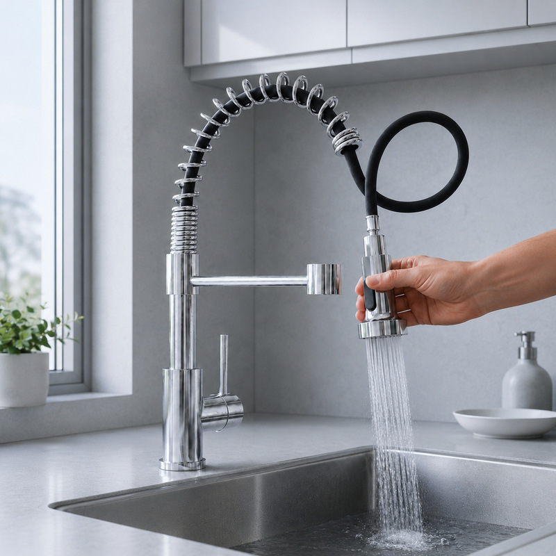 Stainless steel spring multifunctional pull-out faucet for home kitchen sink with dual hot and cold water outlets Stainless steel spring multifunctional pull-out faucet for home kitchen sink with dual hot and cold water outlets