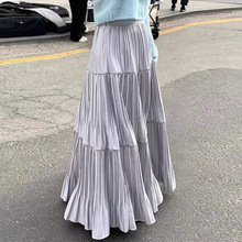 韩国chic春季新款小众设计褶皱感半身裙女高腰显瘦大摆A字裙长裙