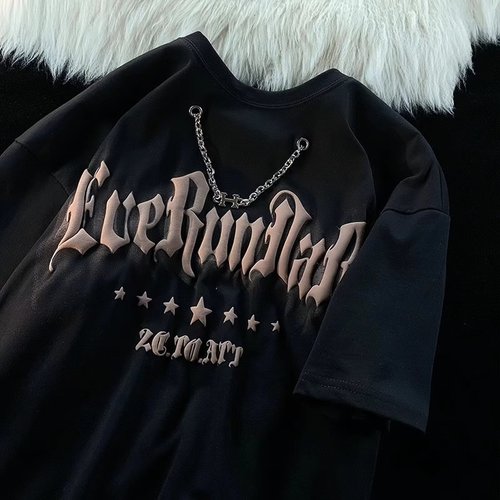 Heavyweight American street style bubble necklace t-shirt for men, short sleeve loose European and American fashion brand hiphop street dance half sleeve t-shirt