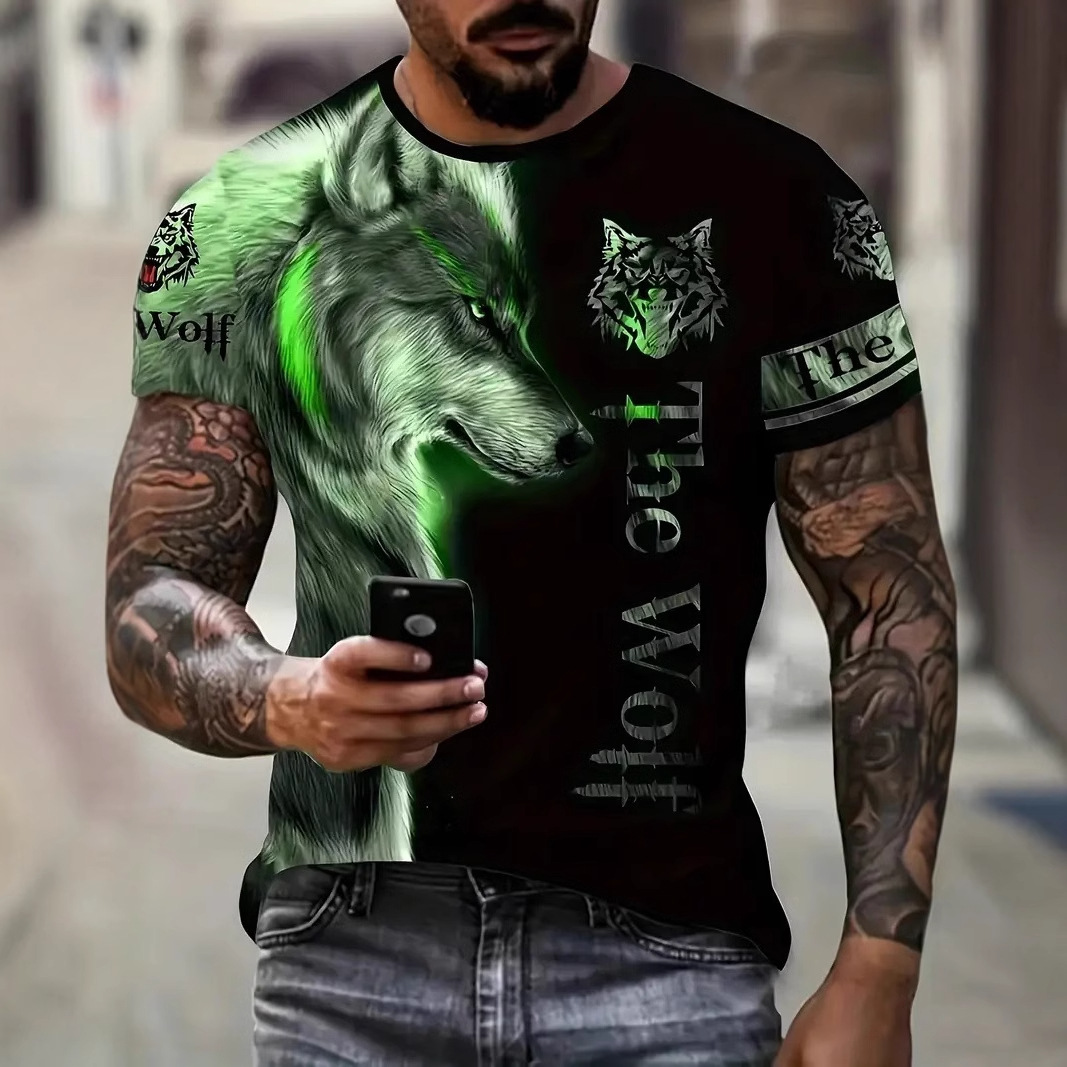 Eslóganes de lobo transfronterizo de AliExpress de Europa y América estampados en 3D Personalidad de la calle principal de los hombres Camiseta suelta de manga corta con cuello redondo
