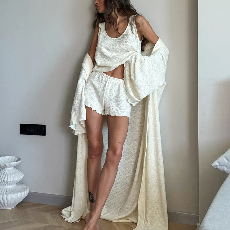 European and American Style Knitted Jacquard Hollow-Out Ruffle Edge Pajamas, Bathrobe, Tank Top, Shorts Three-Piece Set Loungewear for Women 2026 Cross-Border