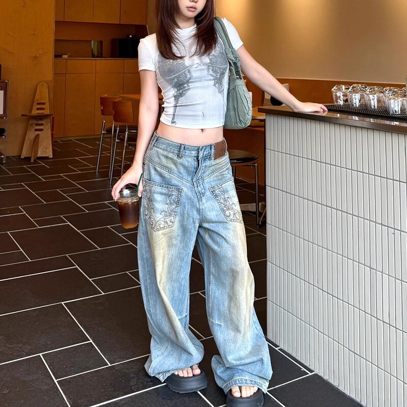 美式复古做旧脏染反转口袋牛仔裤子女夏高街辣妹设计感显瘦拖地裤|undefined