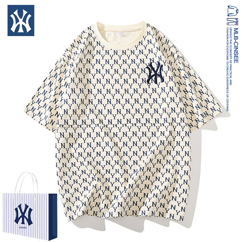 mlb&ny2025 夏アメリカンファッションブランドカップル老眼純綿半袖ファッション多用途刺繍フルプリント Tシャツ男性用|undefined