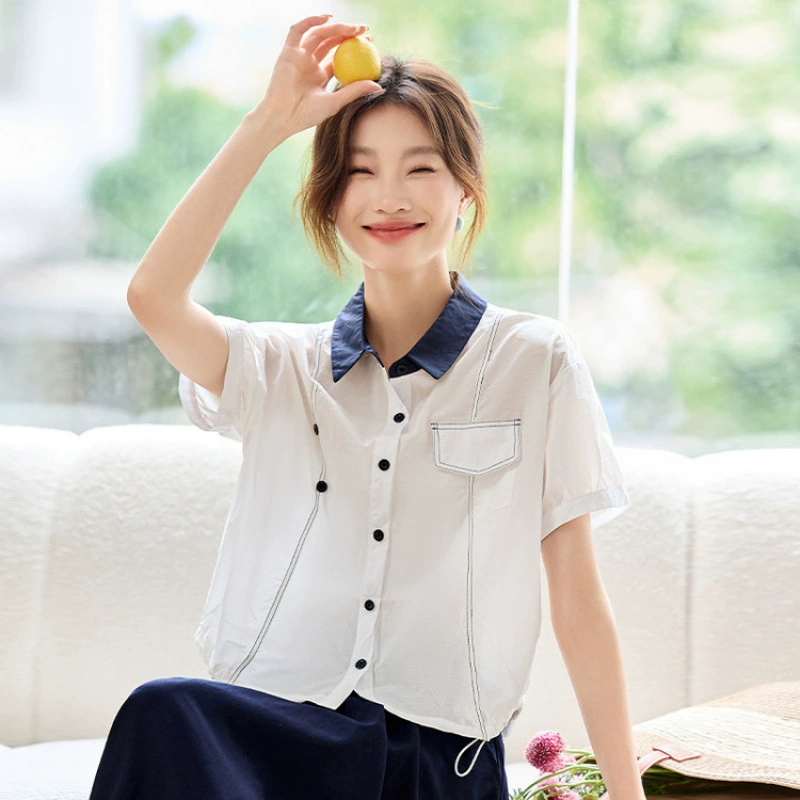 2025 новый летний стиль контрастный цвет лацканы короткий рукав топы женские дизайнерские свободные короткие футболки модные