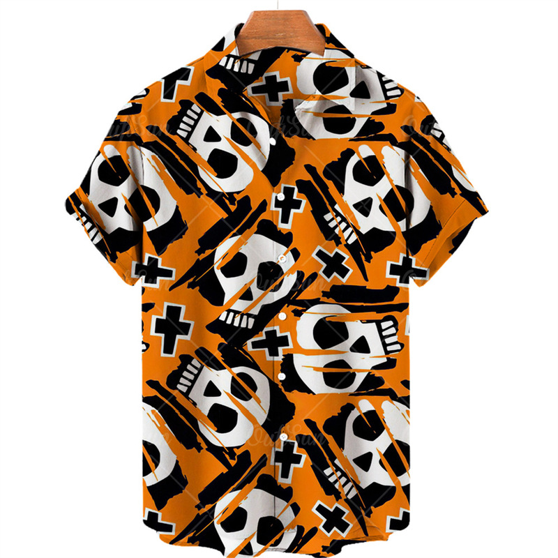 [High-Quality Four-Way Elastic] 3D Digital Printing Skull Pumpkin Head Men's Short-Sleeved Shirt Export Wholesale