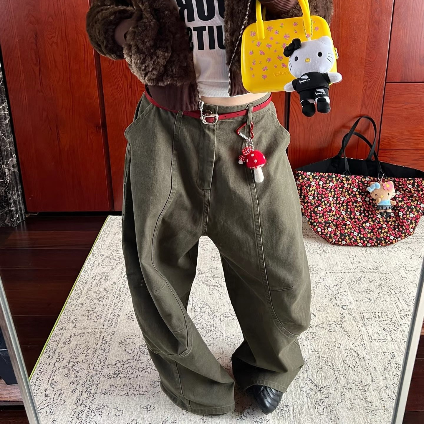 复古廓形拖地弯刀裤阔腿工装裤宽松双色百搭廓形水洗牛仔裤5022