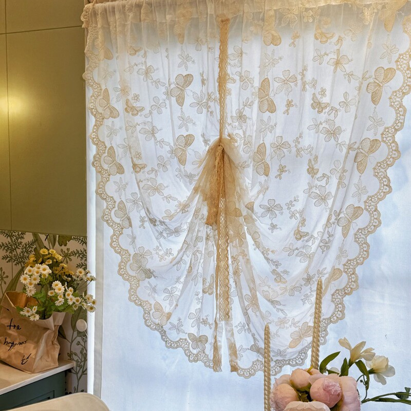 French-style cream-colored translucent lace gauze fan-shaped lift curtain, no-drill partition half curtain, small window decorative curtain French-style cream-colored translucent lace gauze fan-shaped lift curtain, no-drill partition half curtain, small window decorative curtain
