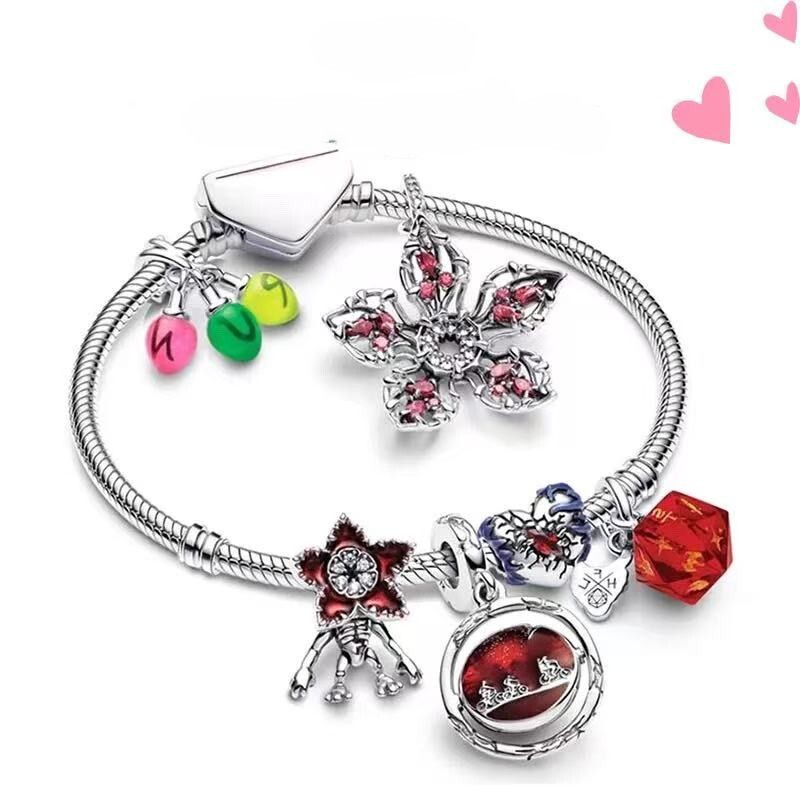 White Copper Plated S925 Silver Man-Eating Flower DIY Bracelet Women's Panjia Style Flower Pendant Fashion Accessories Jewelry