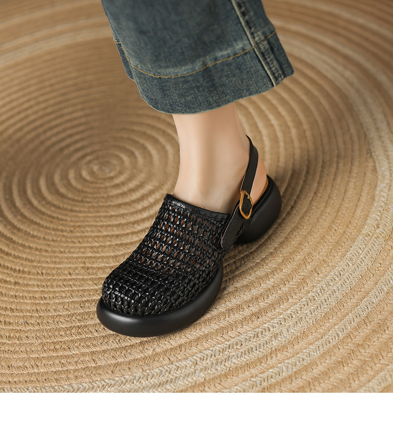Sandal cao gót nữ đế dày gót vuông mũi hở phong cách La Mã — đen chi tiết 11