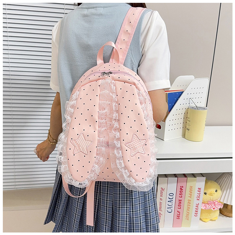 Indigo Smoke Mesh Bunny Ear Student Backpack Japanese Style Cute Girls School Bag High-Value Casual Versatile Travel Shoulder Backpack
