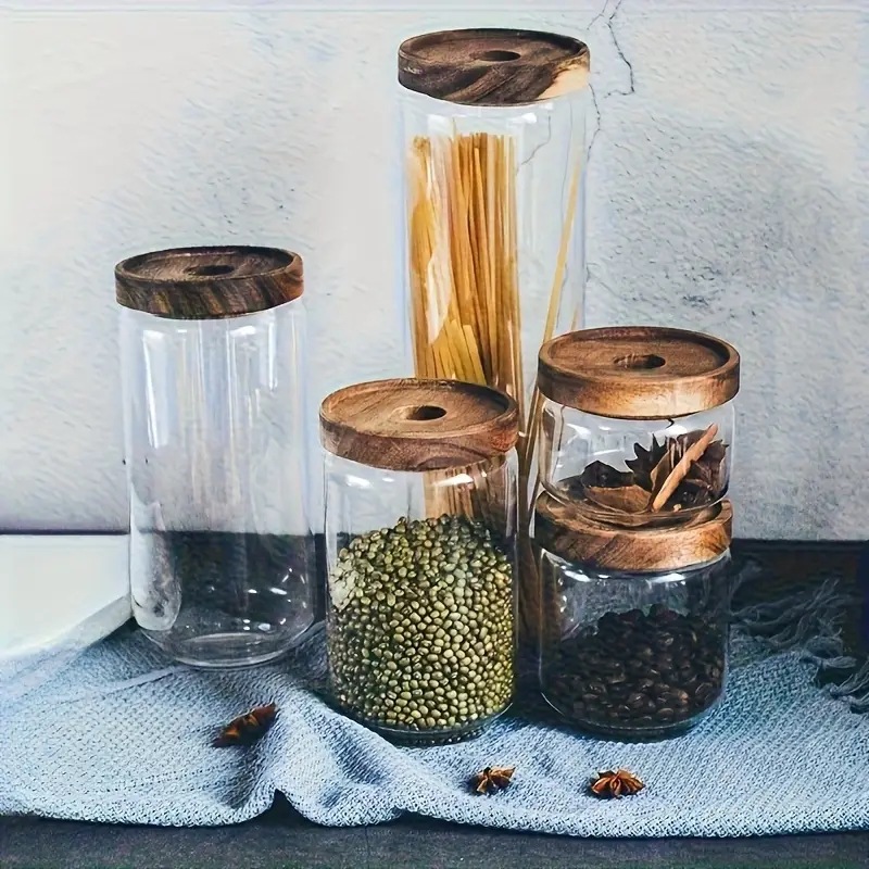 Tanque de almacenamiento de madera de acacia para almacenar alto borosilicato transparente de uso diario con cubierta de cocina de almacenamiento de granos de vidrio sellado de vidrio