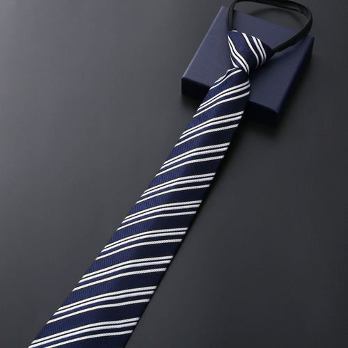 Men's business dress zipper tie groom wedding blue stripe Korean style black lazy tie one-pull