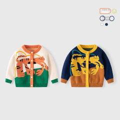 小老虎提花柔軟兒童毛衣開衫純棉A類嬰兒毛衣春秋款兒童針織開衫