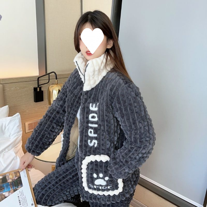 매우 두꺼운 3겹 퀼팅 플러스 사이즈 커플 남녀 두꺼운 벨벳 파자마 겨울 따뜻한 홈 의류