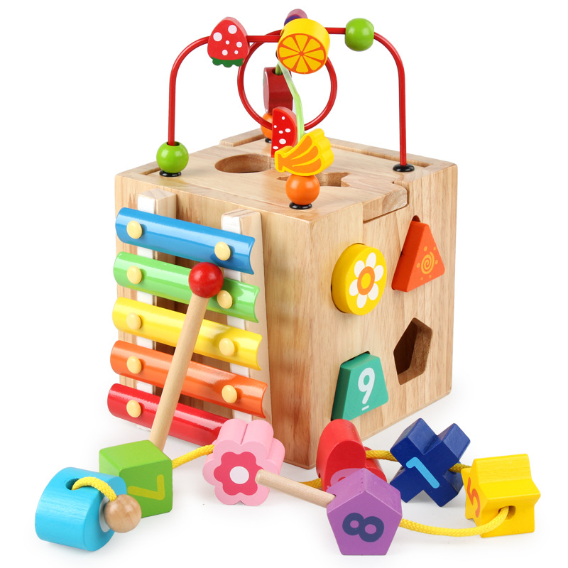 Solid Wooden Beaded Beaded Multi-functional Four-sided Treasure Box Intelligence Box Early Education Children's Intelligence Development Toys