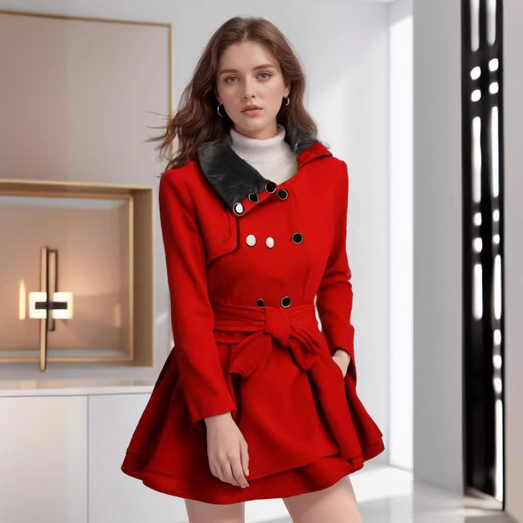 2024秋冬欧美毛呢大衣女中长款单排扣腰带呢子外套修身气质风衣女