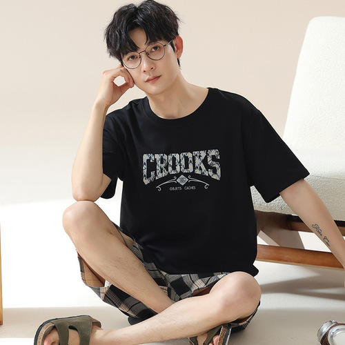 Summer Men's Cotton-Like Padded Short-Sleeve Shorts Lounge Outwear for Plus Size Teenagers, Can Be Worn Outside, Thin Home Clothes for Men