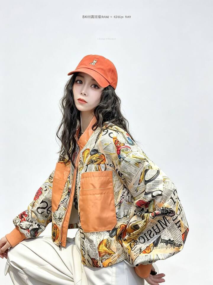 Áo khoác cardigan nữ dáng rộng họa tiết retro in 3D cổ đứng khóa kéo — Màu cam, Màu hồng chi tiết 6