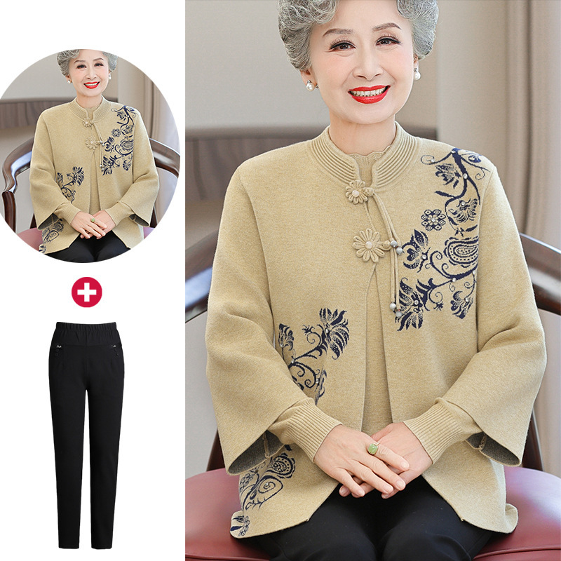 高齢者秋冬服女性コートセーターカーディガンおばあちゃん春秋スーツ奥さん服お母さん唐服2点セット|undefined