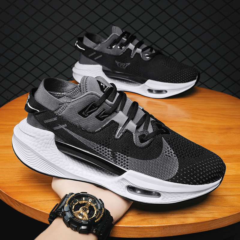 2024 Technology Cut Out Popcorn Heightening Casual Korean Style Trendy Couple Sports Running Large Size Air Cushion Fly Woven Men's Shoes
