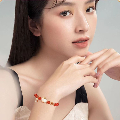 Chinese Style New Red Bead Wealth Attracting Jade Rabbit Bracelet Fashion Rabbit Bangle Gift for Girlfriend and Friend on New Year