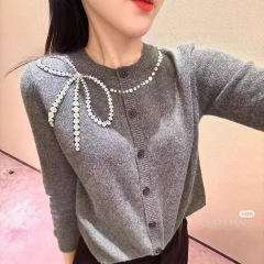 卓家女装2025秋季新款灰色亮钻蝴蝶结针织开衫上衣XRJ5M13D