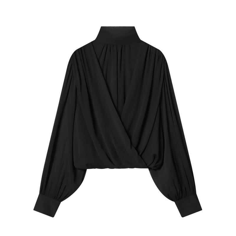 Autumn New European and American Style Women's Long-Sleeve Black Pleated Semi-Transparent Balloon-Style Shirt Top, Wrinkle-Free and High Elasticity Autumn New European and American Style Women's Long-Sleeve Black Pleated Semi-Transparent Balloon-Style Shirt Top, Wrinkle-Free and High Elasticity