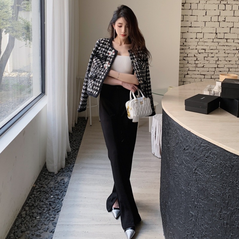 2023 autumn and winter women's new French Chanel style classic houndstooth tweed long-sleeved coat top cardigan