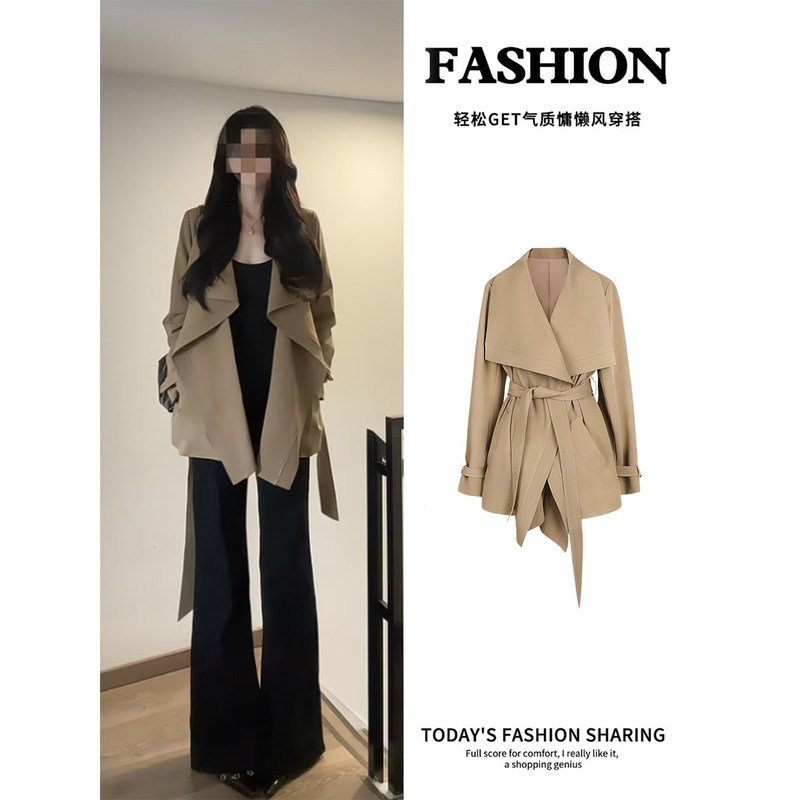 Khaki short trench coat for women, autumn 2026 new model, super stylish for petite figures, perfect for early autumn outfits Khaki short trench coat for women, autumn 2026 new model, super stylish for petite figures, perfect for early autumn outfits