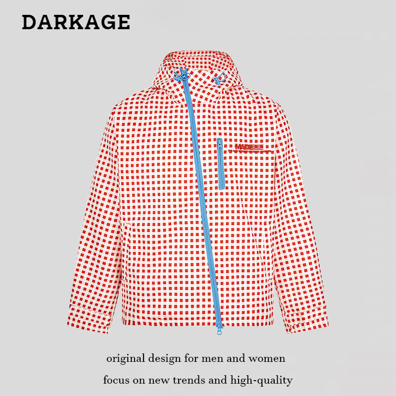 Three-Proof Diagonal Zipper Checkerboard Jacket American Retro Hooded Jacket for Men and Women Autumn New Outdoor Mountaineering Jacket