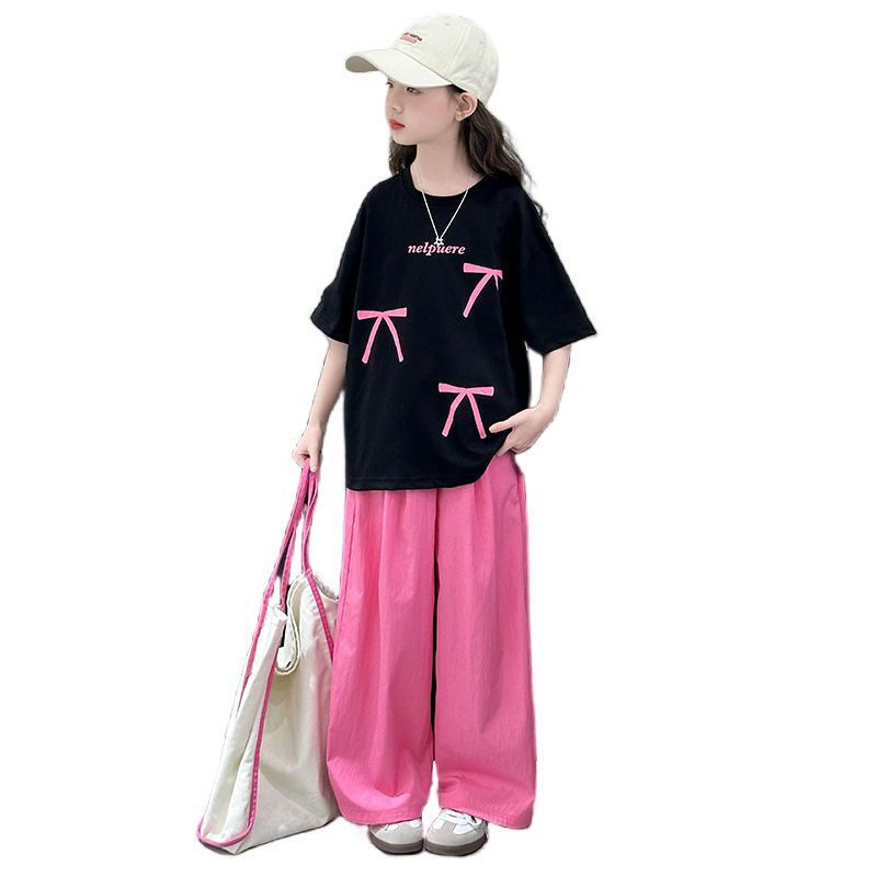 Girls' Summer Short-sleeved T-shirt Wide-leg Pants Two-piece Set 2025 New Big Boy Korean Loose Top Pants suit