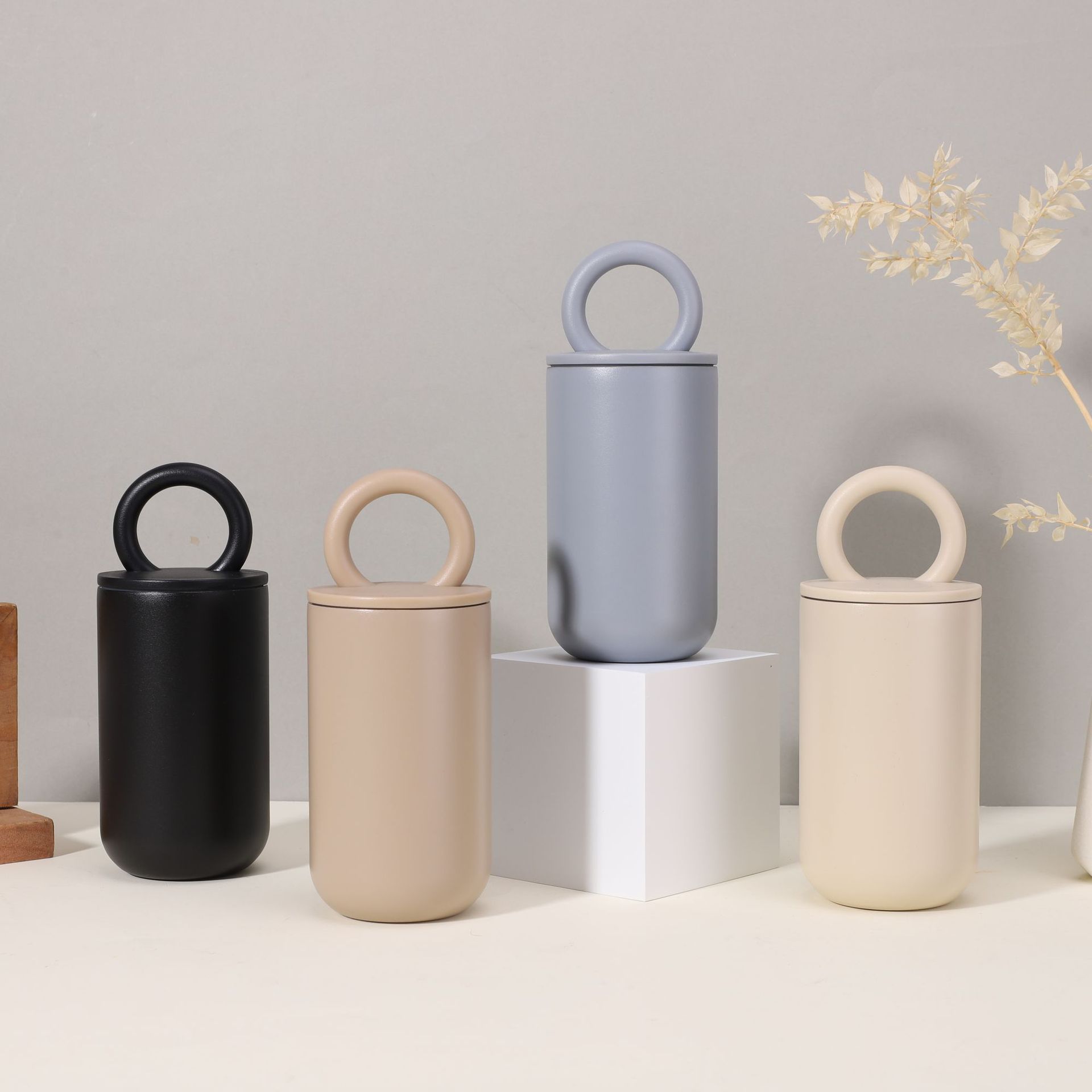 简约创意环形手提不锈钢保温杯户外旅行便携随手杯车载真空咖啡杯