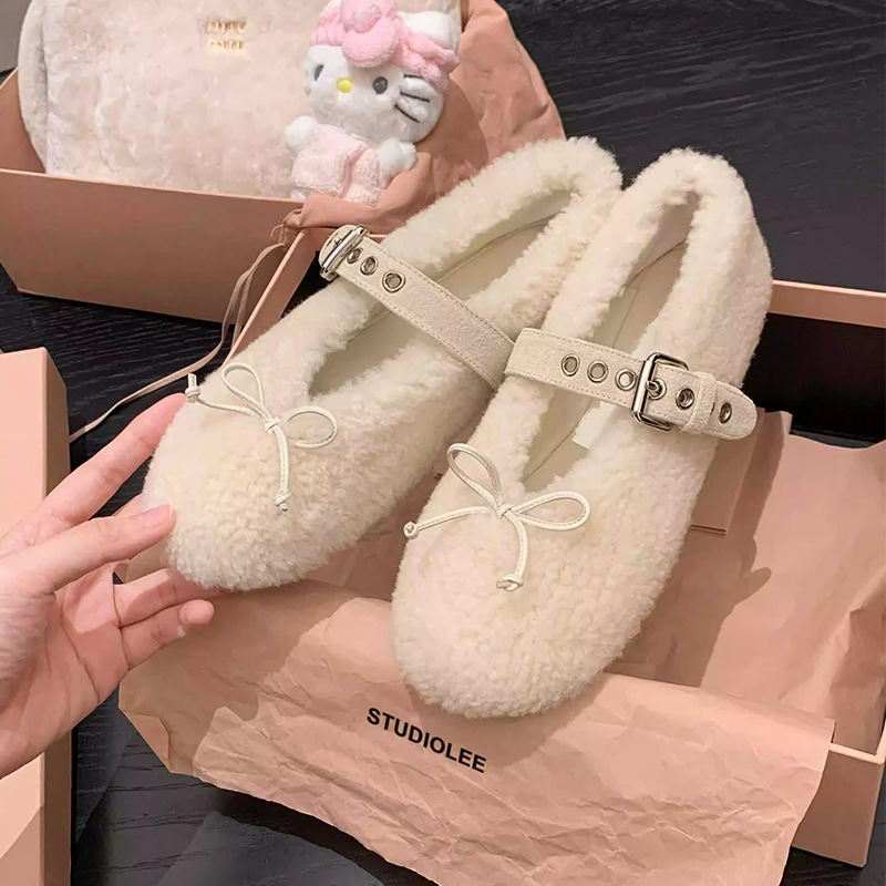In Stock for Immediate Delivery~ Wool Integrated Bowknot Strap Furry Shoes for Women, Mary Jane Shoes for Outdoor Wear, Flat Single Shoes
