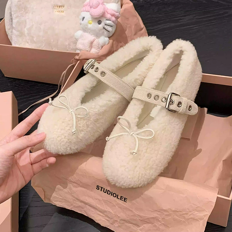 В наличии~ Женские меховые туфли в стиле Grape Mom с интегрированным ремешком-бабочкой из шерсти, туфли Мэри Джейн для носки на улице.