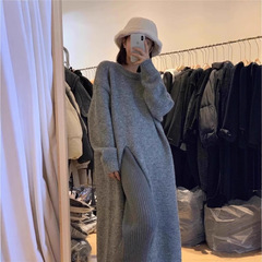 韩风chic设计感复古中长款毛衣长裙秋冬新款开叉圆领针织连衣裙潮