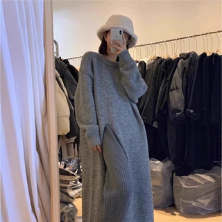 韩风chic设计感复古中长款毛衣长裙秋冬新款开叉圆领针织连衣裙潮