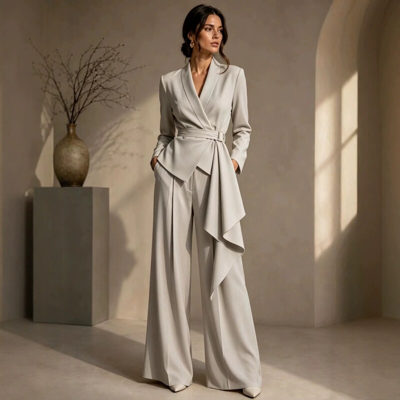 2026 European and American fashion women's suit set, waist-cinching, belted, wide-leg pants, two-piece set, high-end, elegant, casual pantsuit