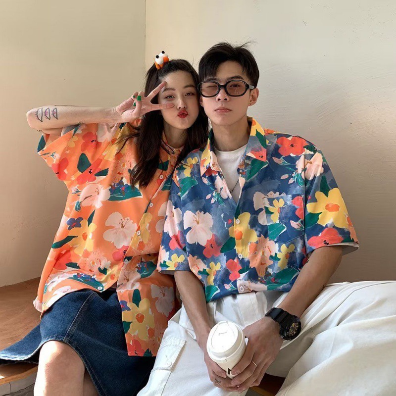 vintage Oil Painting Hong Kong Style Floral Shirt Women's Loose Short-sleeved Hawaiian Summer Shirt Couple Clothing for Men